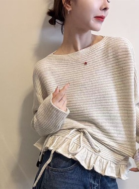 慵懒风收腰绑带针织衫女2025冬季新款荷叶边显瘦坑条上衣潮66825