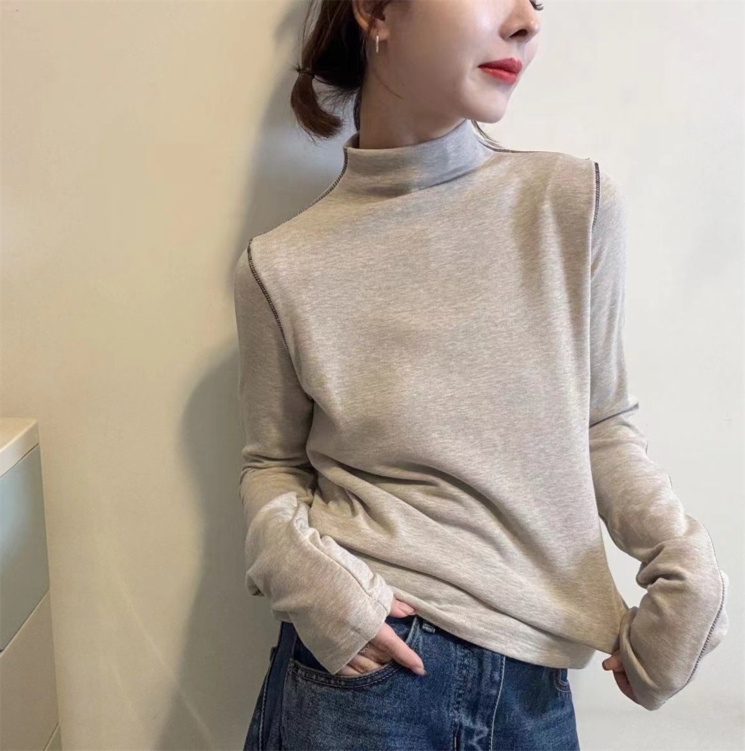韩式正品半高领拼线条高级长袖衫女冬季百搭显瘦简约打底衫上衣潮
