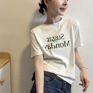 2026夏季新款字母印花短袖T恤女韩系宽松圆领显瘦休闲上衣潮32122