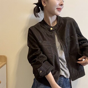 韩系复古短款加棉皮衣女2026冬季新款显瘦百搭立领拼扣拉链外套潮