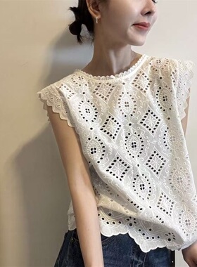 法式蕾丝镂空无袖背心女2026夏季款圆领设计感小众减龄上衣32137