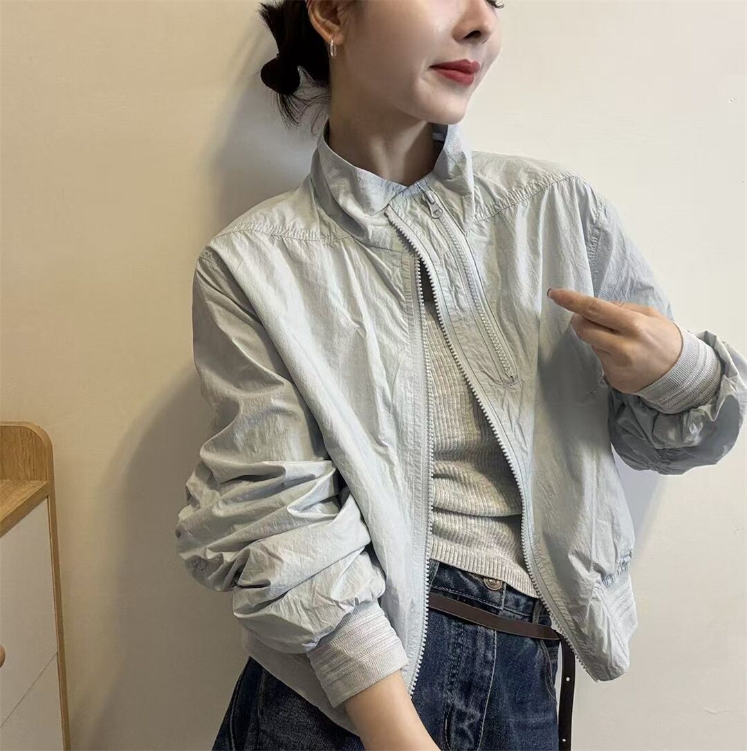 休闲风立领拉链防晒服女2026春夏新款落肩袖褶皱纹理外套夹克9997