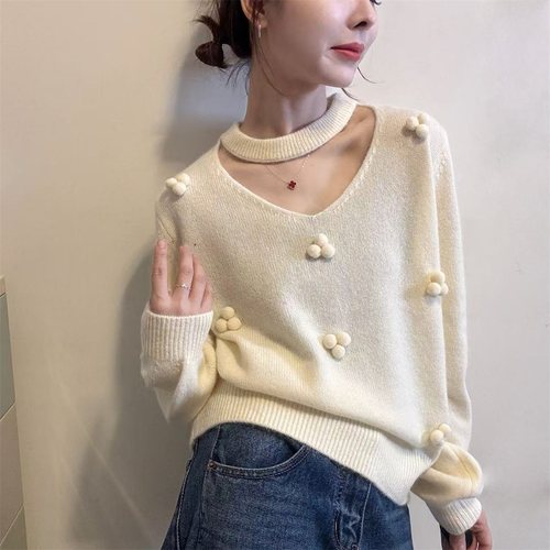 淑女风挂脖V领毛球高级感针织打底衫女冬季新款显瘦洋气毛衣5653