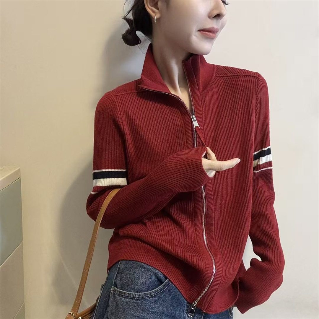 双拉链高领条纹袖针织开衫女冬季新款修身显瘦减龄毛衣外套潮1619