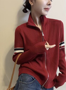 双拉链高领条纹袖针织开衫女冬季新款修身显瘦减龄毛衣外套潮1619