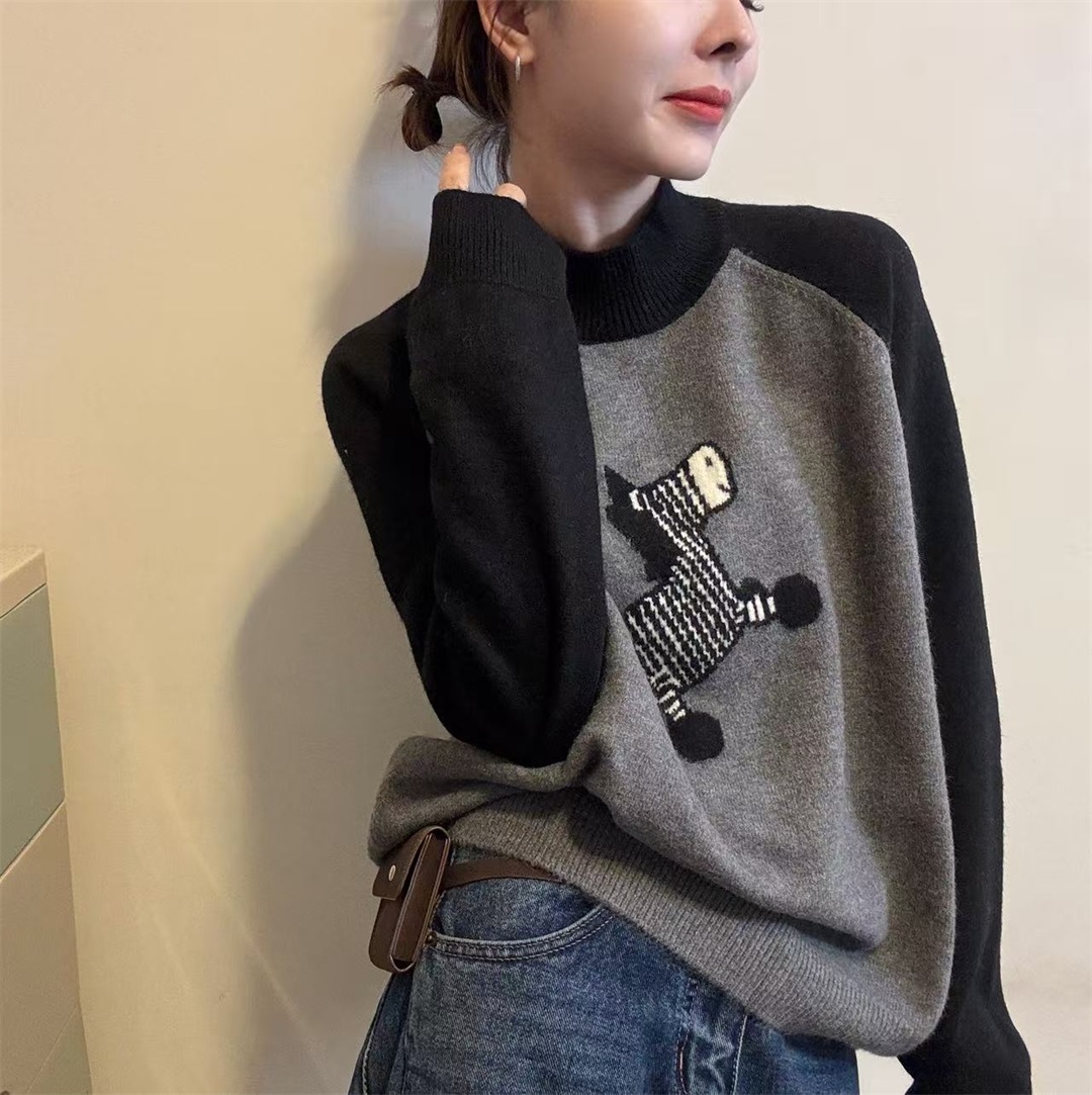 韩系撞色插肩袖半高领毛衣女冬季款卡通图案慵懒风百搭打底衫上衣