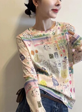 韩版高级感涂鸦卡通印花长袖T恤女2026春夏新款百搭减龄上衣31768