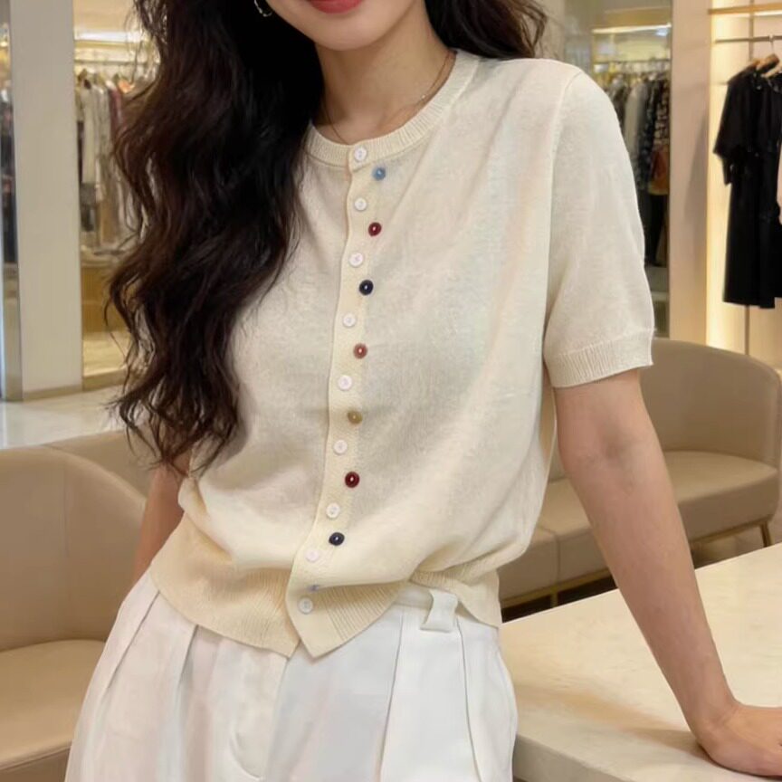 休闲圆领短袖细羊毛针织开衫女2026春夏新款宽松彩扣上衣xy26806