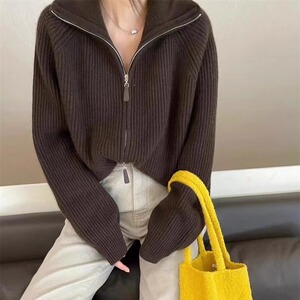 浣熊绒韩版正品上衣女宽松双拉链欧货长袖立领针织开衫高级感1508