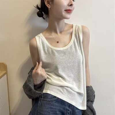 基础款宽松无袖天丝亚麻针织背心女春季新款百搭打底衫叠穿背心潮