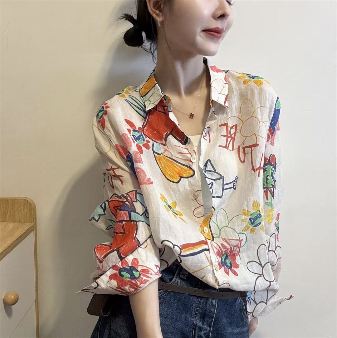 彩色涂鸦印花苎麻衬衫女春夏新款长袖宽松时尚薄款防晒衫休闲衬衣