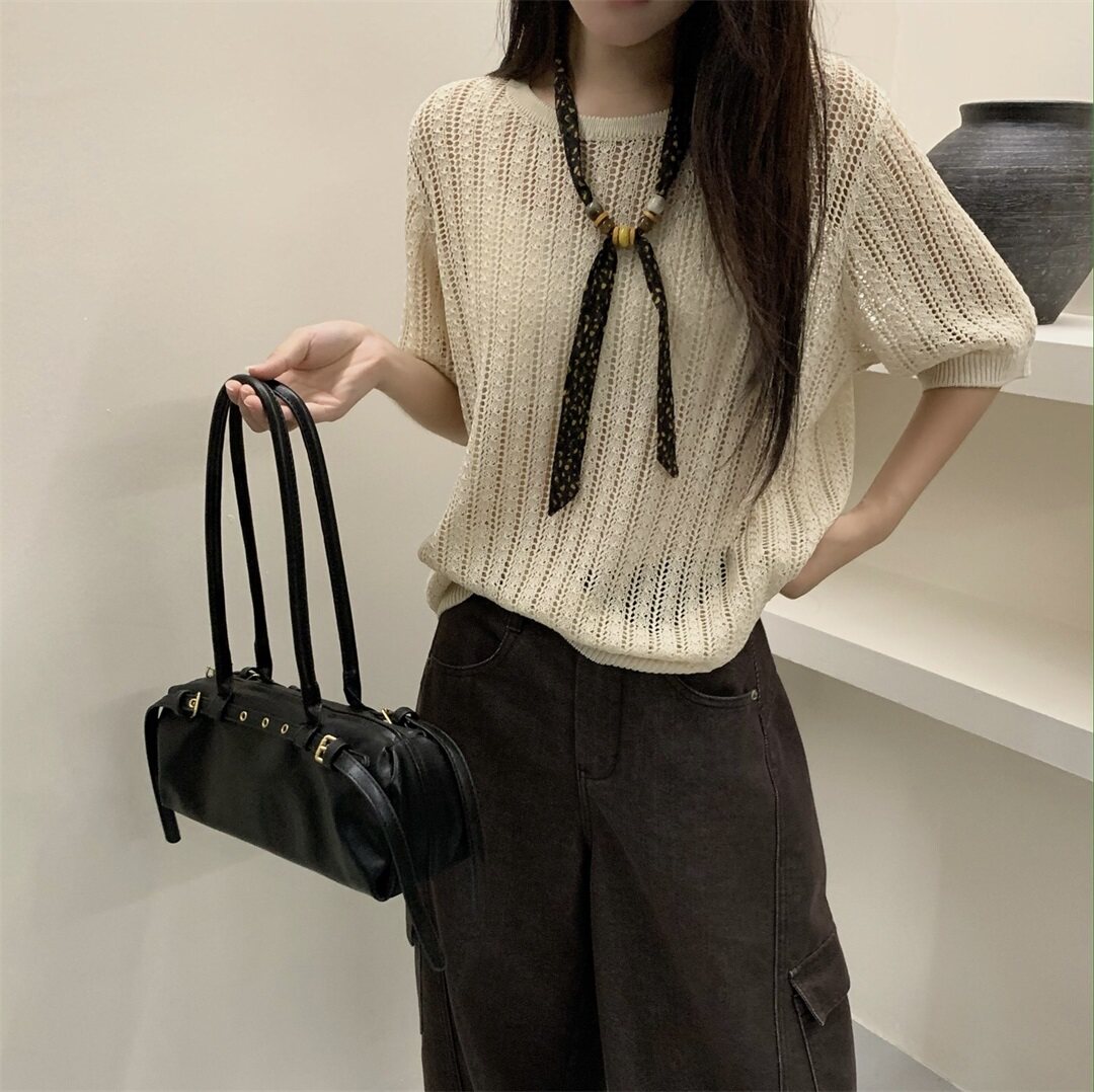 温柔麻花纹V领短袖针织衫女2026早秋新款镂空气质显瘦上衣LJL7666