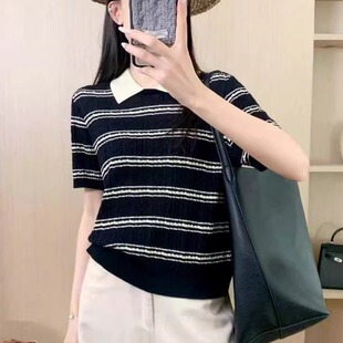 套头百搭上衣25276 女2026春夏短袖 韩式 休闲风撞色条纹翻领针织衫
