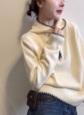 休闲风连帽撞色羊毛针织帽衫女冬季新款百搭显瘦长袖打底衫69009