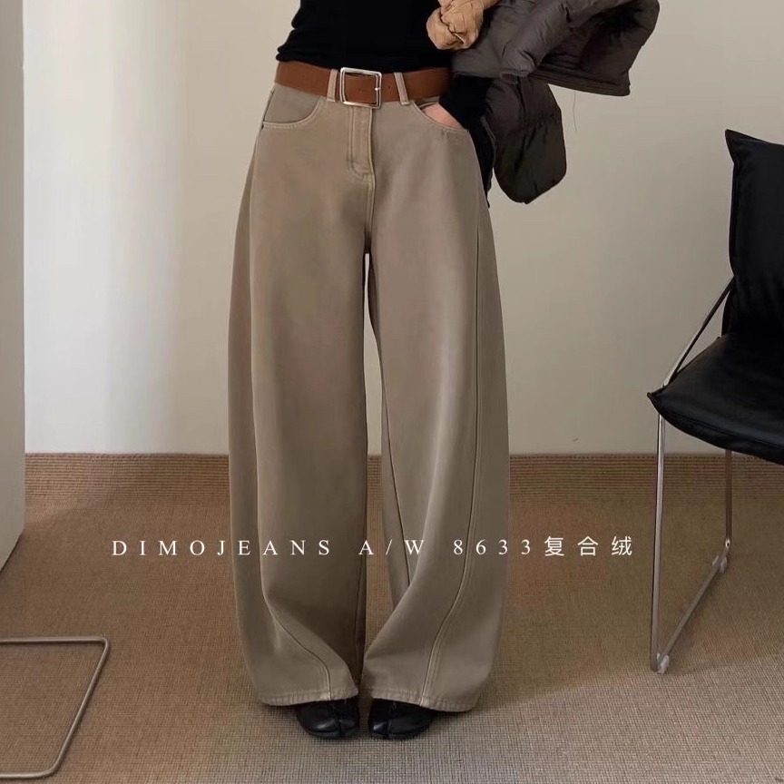 正品高腰显瘦阔腿牛仔裤女冬季新款复合绒直筒长裤百搭弯刀裤8633