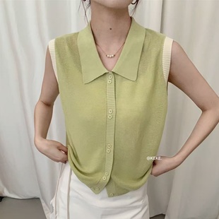 上衣潮07290 2025夏季 新款 时尚 百搭翻领高级感针织马甲女韩系无袖