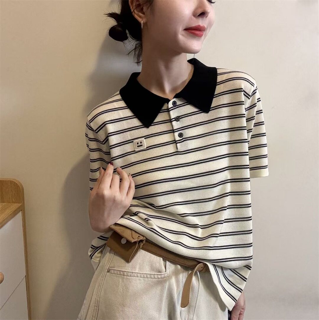 韩系翻领撞色Polo领条纹针织衫女春季新款短袖修身百搭显瘦上衣潮