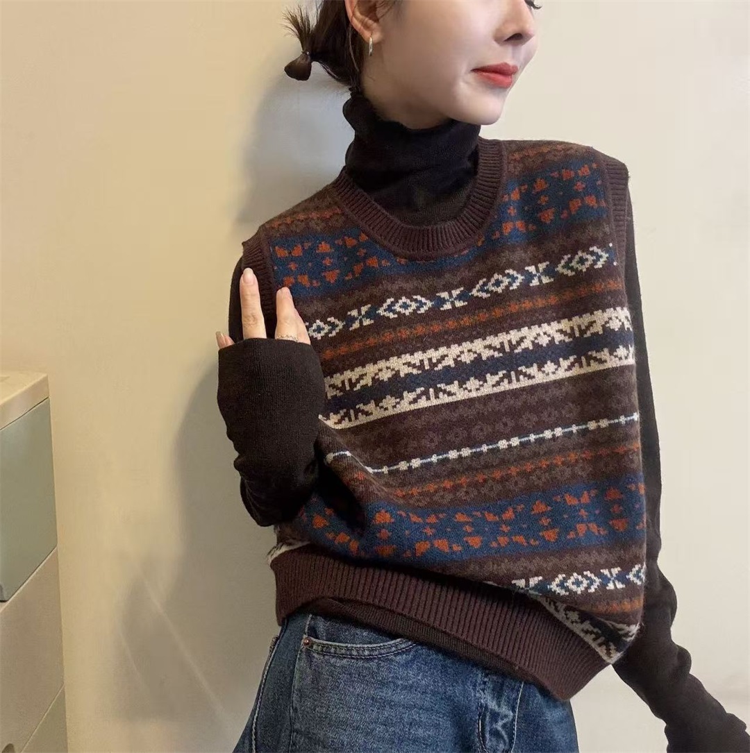 韩系复古穿搭提花针织背心羊毛马甲+高领打底衫洋气两件套上衣女