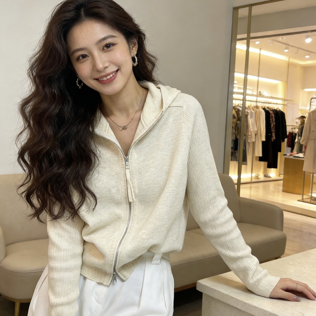 温柔慵懒风连帽拉链针织开衫女2026春季新款韩系毛衣外套潮26787