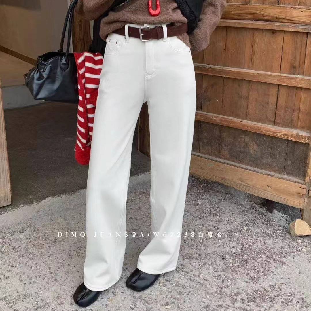 2025冬季时尚百搭高腰直筒裤女韩系正品复合绒阔腿牛仔裤潮62238