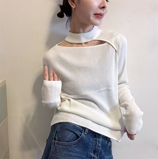 时髦小姨风挂脖镂空羊毛针织衫女2025冬季新款套头打底衫上衣767