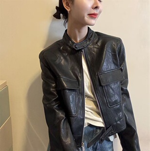韩系高级感立领短款蛋白皮衣女春季新款机车风小个子真皮夹克外套