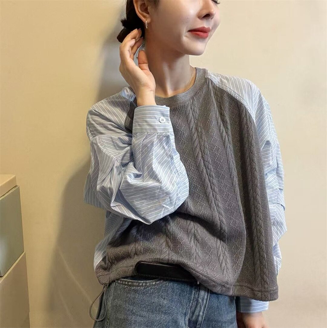 复古拼接风假两件条纹长袖麻花针织衫女春季新款宽松百搭上衣7611