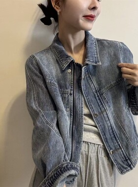 复古牛仔外套女2026春夏新款短款宽松百搭翻领夹克休闲上衣潮8160