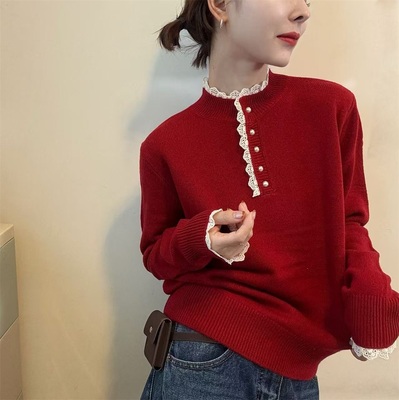 2025秋冬百搭圆领长袖拼接蕾丝针织衫女温柔风正品打底毛衣潮8526