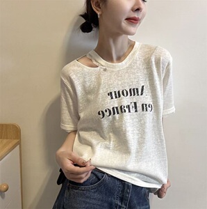 设计感字母印花短袖T恤女2026夏季新款宽松圆领露锁骨打底衫上衣