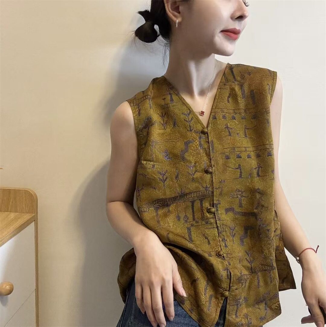 新中式V领无袖印花背心马甲女2026夏季新款显瘦单排扣气质上衣潮