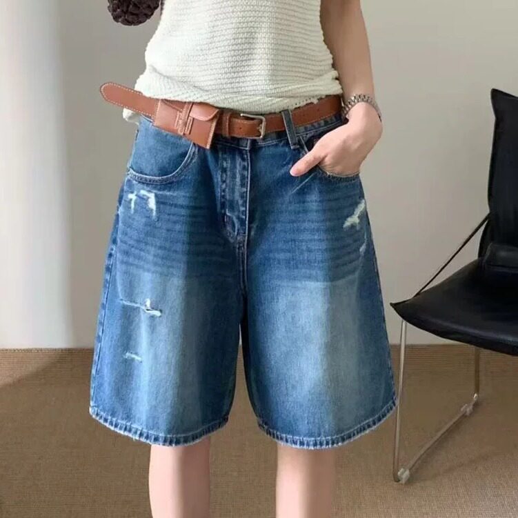 韩系复古高腰破洞百搭牛仔短裤女206夏季新款宽松休闲五分裤92510