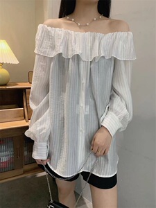 欧洲站超洋气荷叶花边领拼条单排扣长袖防晒衫夏季新款漂亮上衣女