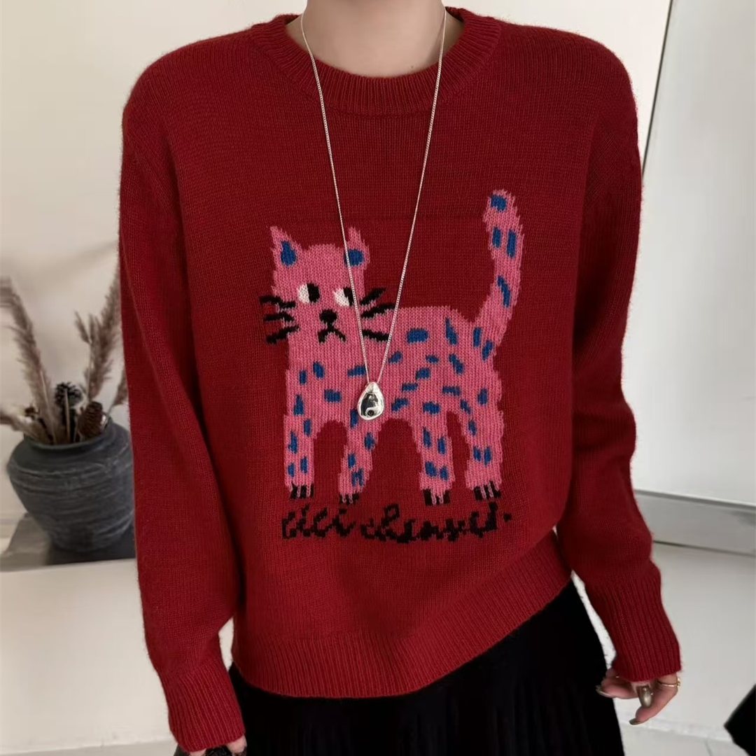 2025冬季宽松显瘦卡通猫咪针织衫女韩版温柔风圆领套头毛衣88123