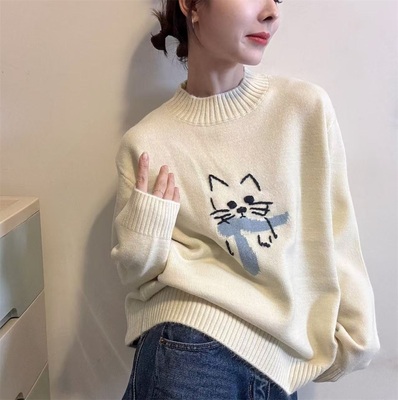 韩系小猫刺绣套头打底毛衣2025女冬季新款百搭羊毛圆领针织衫上衣