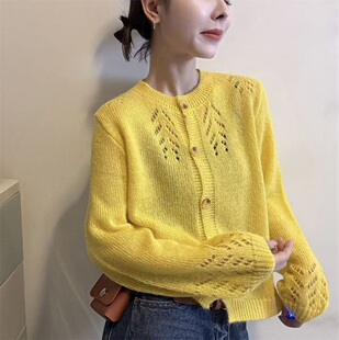 甜美风镂空马海毛针织开衫女2026春季新款纽扣毛衣外套百搭上衣潮