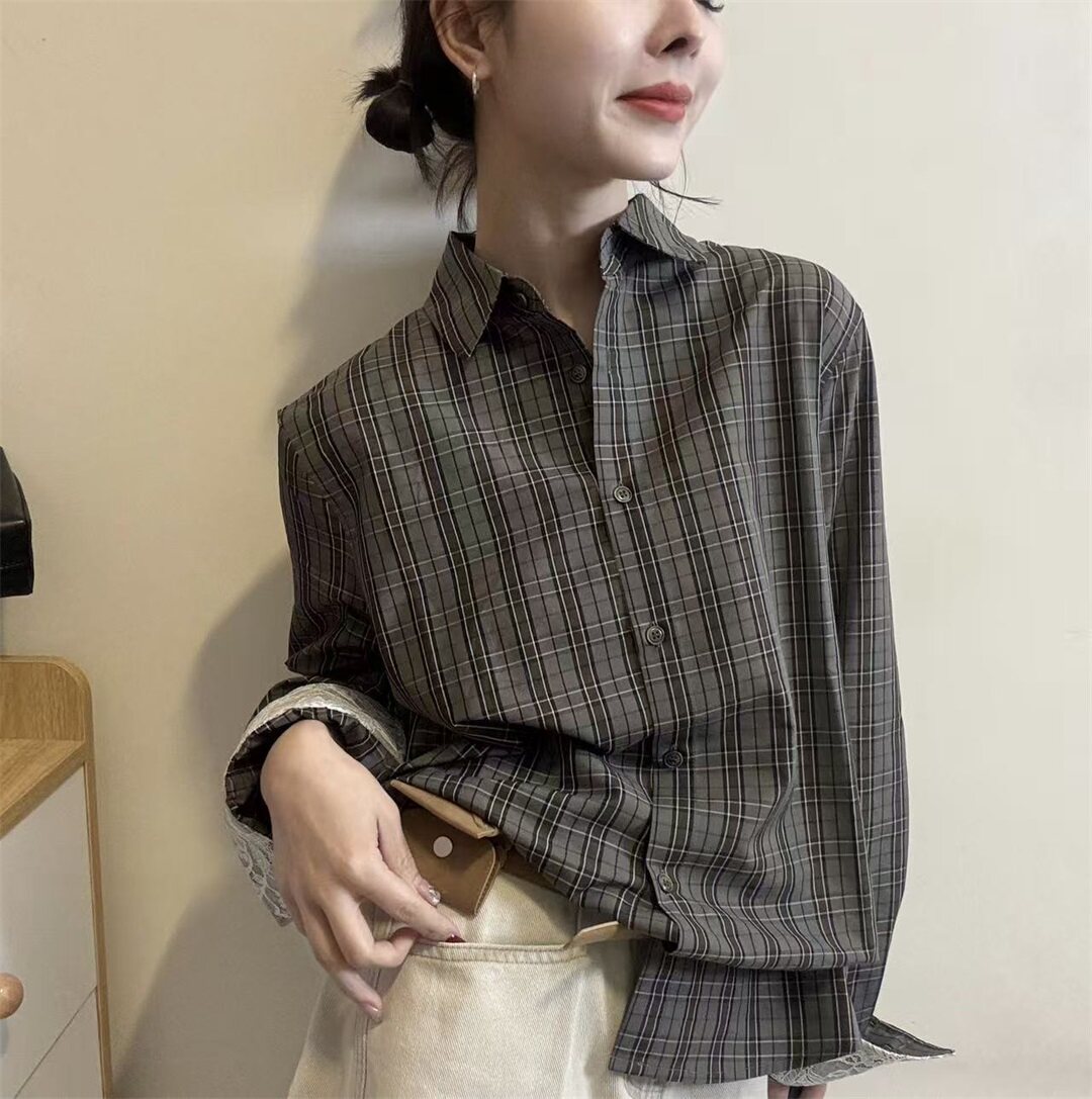 日系通勤风格子衬衫外套女2026春季新款长袖翻领百搭休闲叠穿上衣