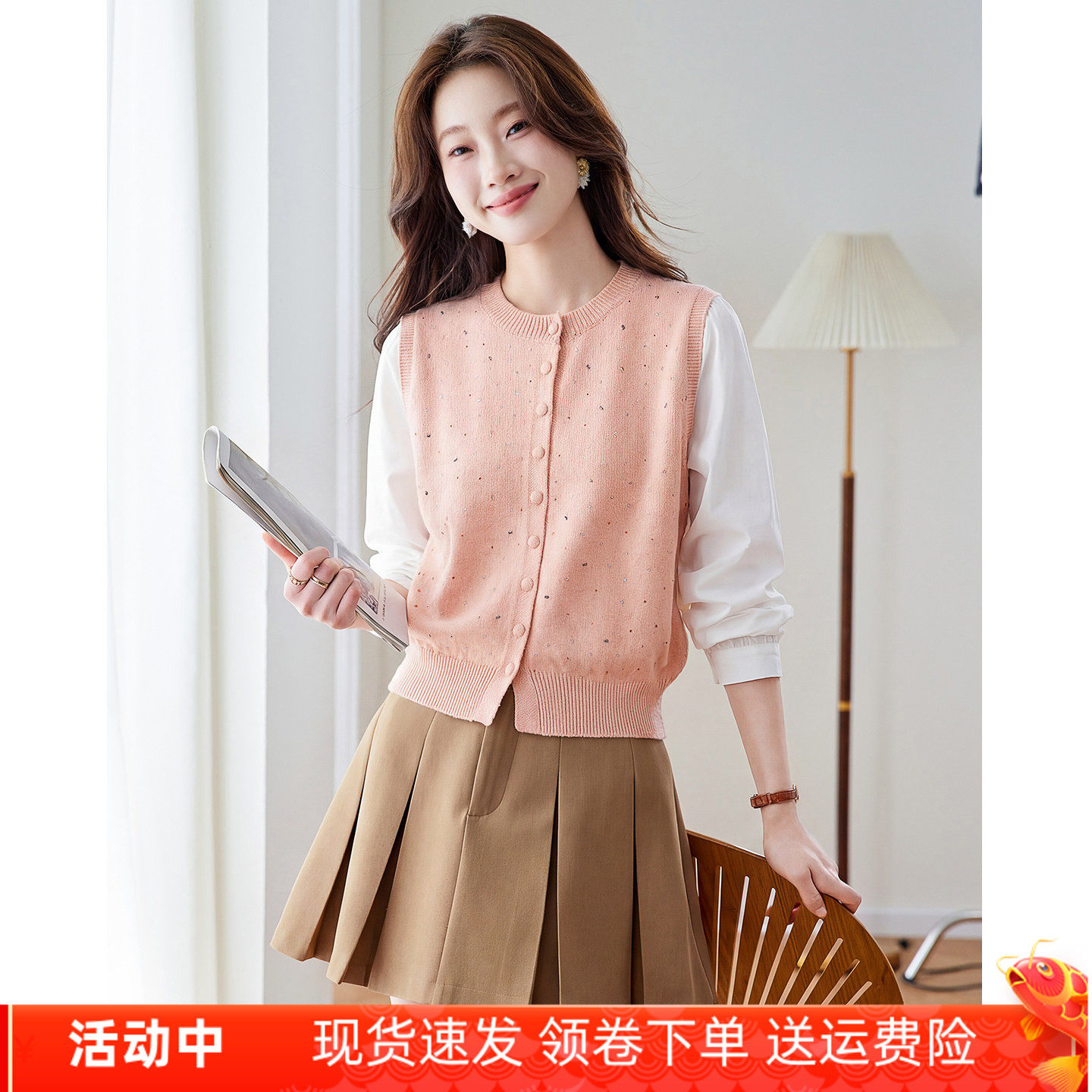 假两件针织开衫女款2026新款宽松衬衫袖拼接毛衣外套时尚洋气上衣
