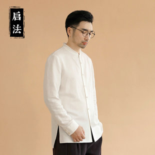 启法男装春季盘扣立领衬衫男中国风苎麻衬衣男宽松休闲Z棉麻寸衫