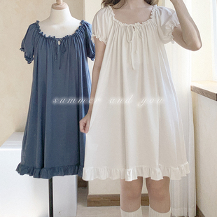 居家睡衣睡裙 奥代尔 大领口 白色绿色蓝色黄色 可爱复古少女