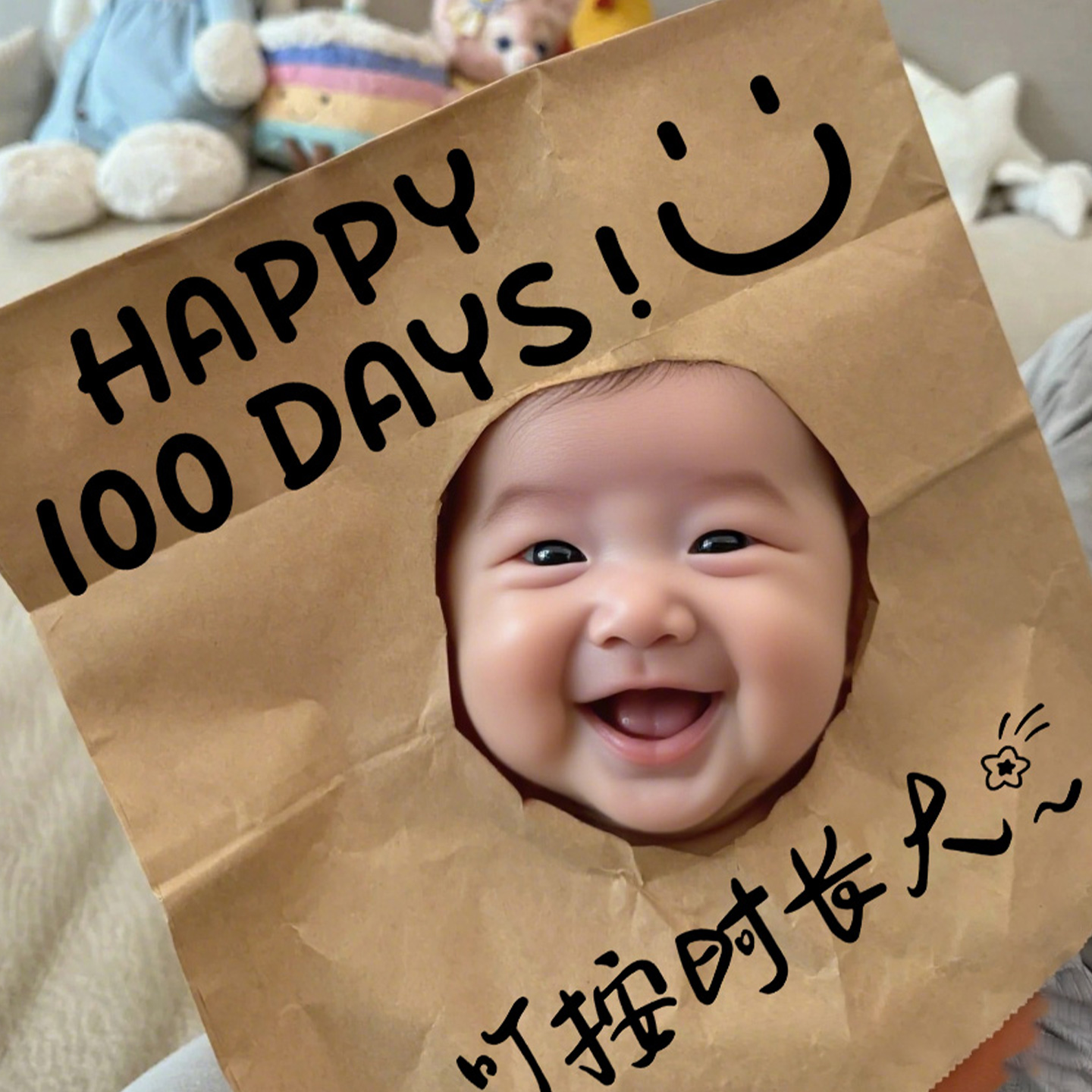 宝宝满月百天拍照道具布置婴儿女宝场景装饰100天牛皮纸袋仪式感