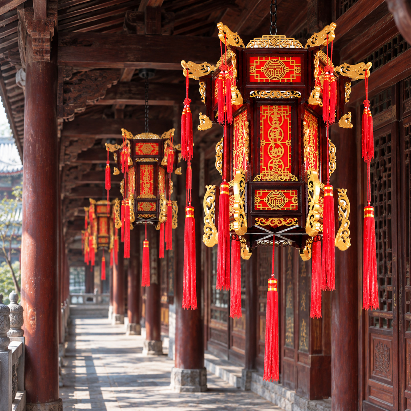 中式复古实木宫灯仿古羊皮吊灯宫廷别墅祠堂寺庙长廊亭子六角灯笼