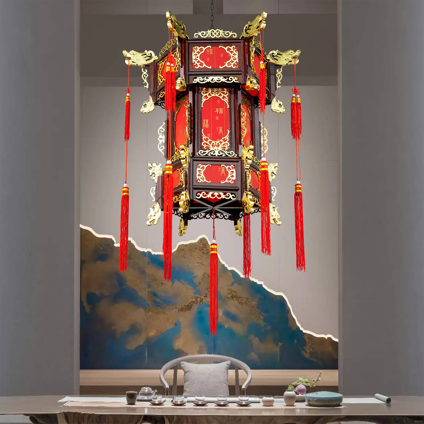 仿古贴金箔实木宫灯中式六角吊灯别墅大门阳台寺庙春节中国风灯笼