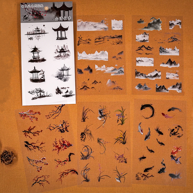 水墨中国风PET贴纸 江南建筑竹子荷花兰草游鱼手账装饰透明防水贴