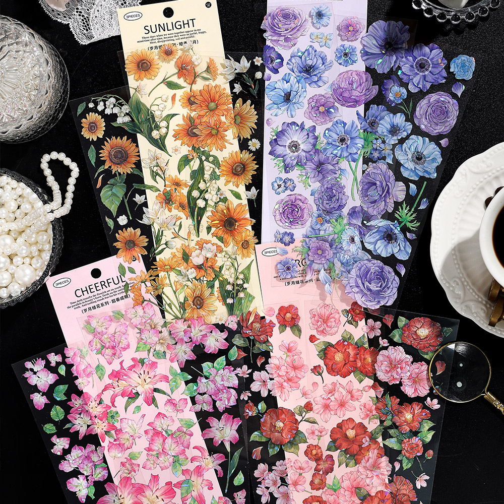 Infeel.me长条贝壳光PET贴纸  岁月缝花 清新花朵百合山茶手账贴