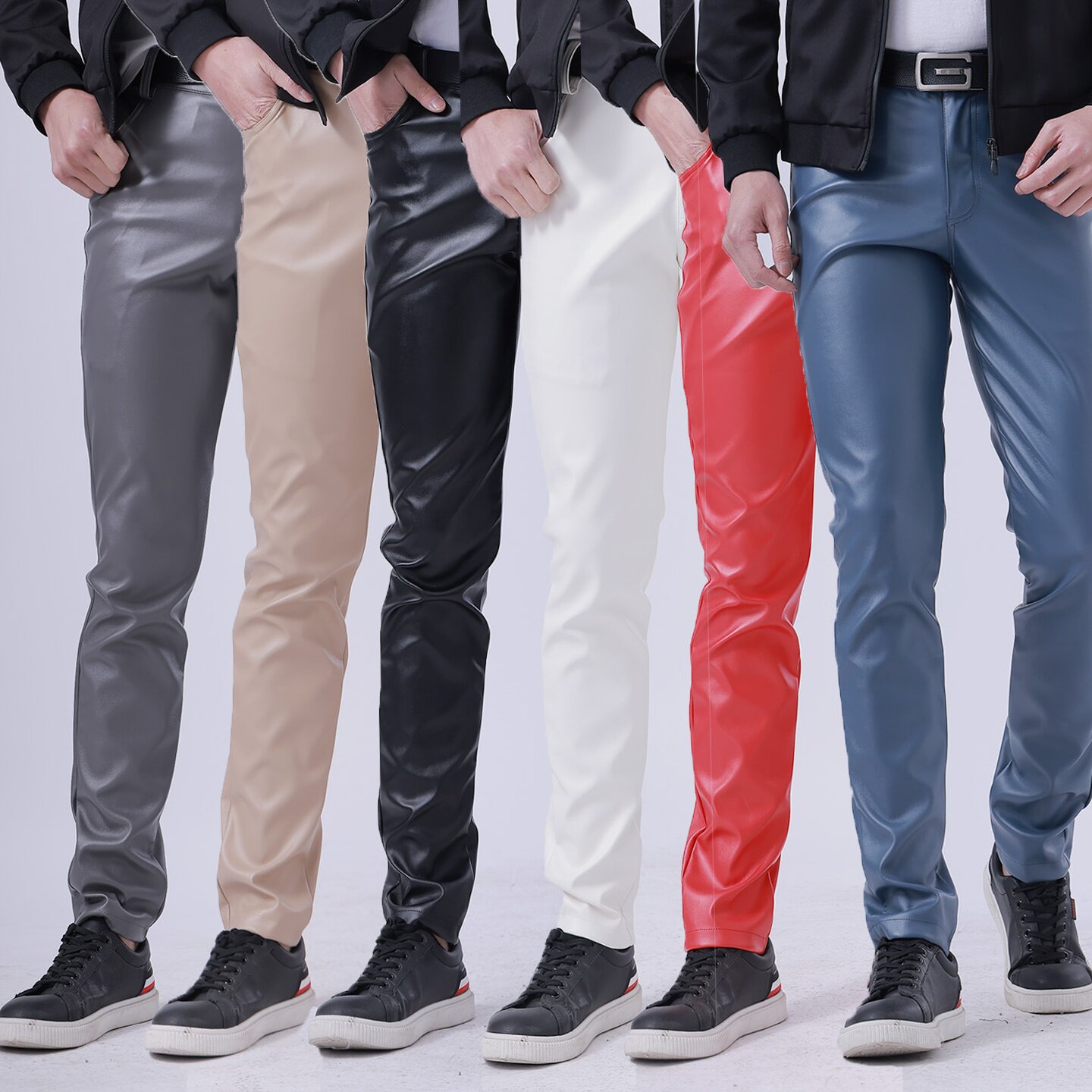 春夏薄款跨境青年皮裤男士弹力修身时尚彩色白色酒吧网红皮裤男