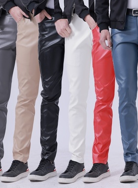 春夏薄款跨境青年皮裤男士弹力修身时尚彩色白色酒吧网红皮裤男