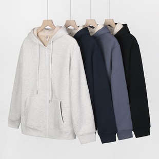 520G重磅加绒加厚羊羔绒拉链开衫男连帽卫衣纯色宽松大码保暖外套