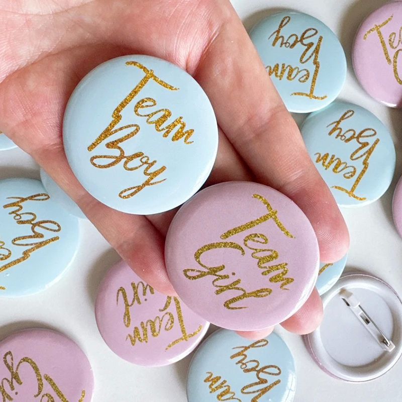 10pcs Gender Reveal Button Pins Team Boy Girl Pink Blue Tinp