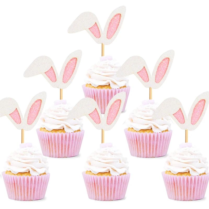 12pcs Easter Bunny Ears Cupcake Toppers Happy Easter Cute Ra